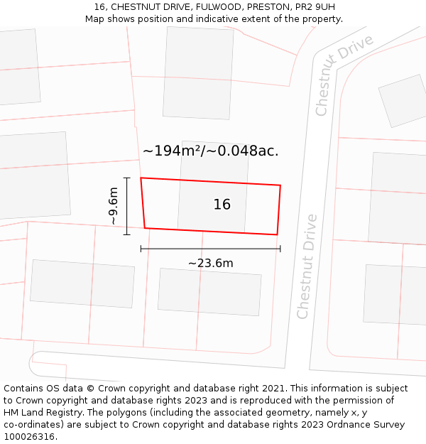 16, CHESTNUT DRIVE, FULWOOD, PRESTON, PR2 9UH: Plot and title map