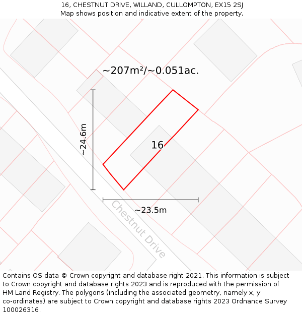 16, CHESTNUT DRIVE, WILLAND, CULLOMPTON, EX15 2SJ: Plot and title map