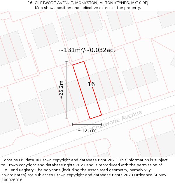 16, CHETWODE AVENUE, MONKSTON, MILTON KEYNES, MK10 9EJ: Plot and title map