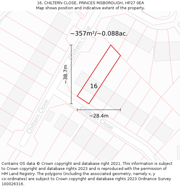 16, CHILTERN CLOSE, PRINCES RISBOROUGH, HP27 0EA: Plot and title map