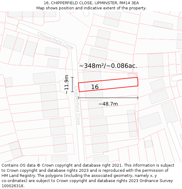 16, CHIPPERFIELD CLOSE, UPMINSTER, RM14 3EA: Plot and title map
