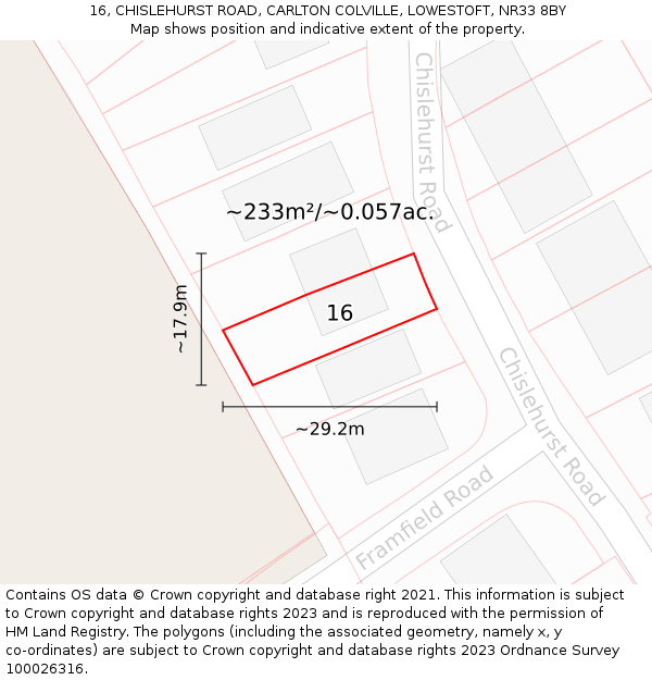 16, CHISLEHURST ROAD, CARLTON COLVILLE, LOWESTOFT, NR33 8BY: Plot and title map