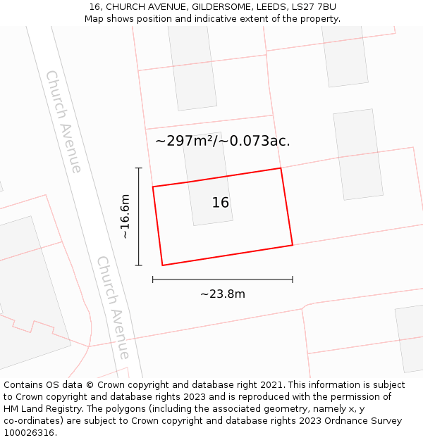 16, CHURCH AVENUE, GILDERSOME, LEEDS, LS27 7BU: Plot and title map