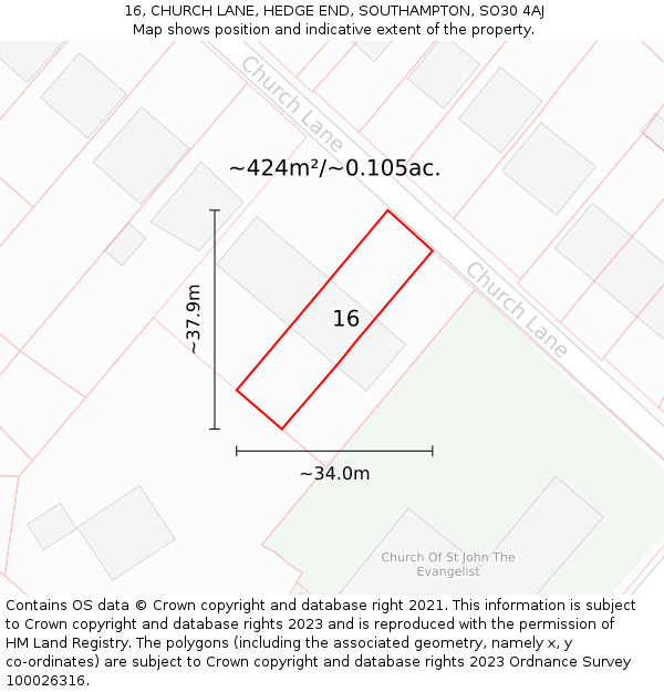 16, CHURCH LANE, HEDGE END, SOUTHAMPTON, SO30 4AJ: Plot and title map