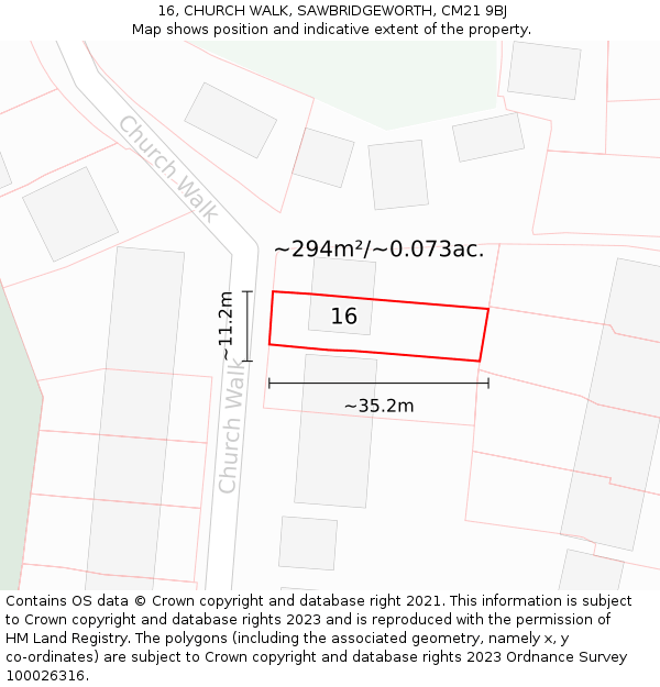 16, CHURCH WALK, SAWBRIDGEWORTH, CM21 9BJ: Plot and title map