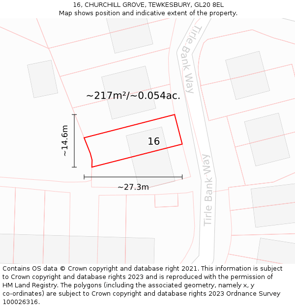 16, CHURCHILL GROVE, TEWKESBURY, GL20 8EL: Plot and title map