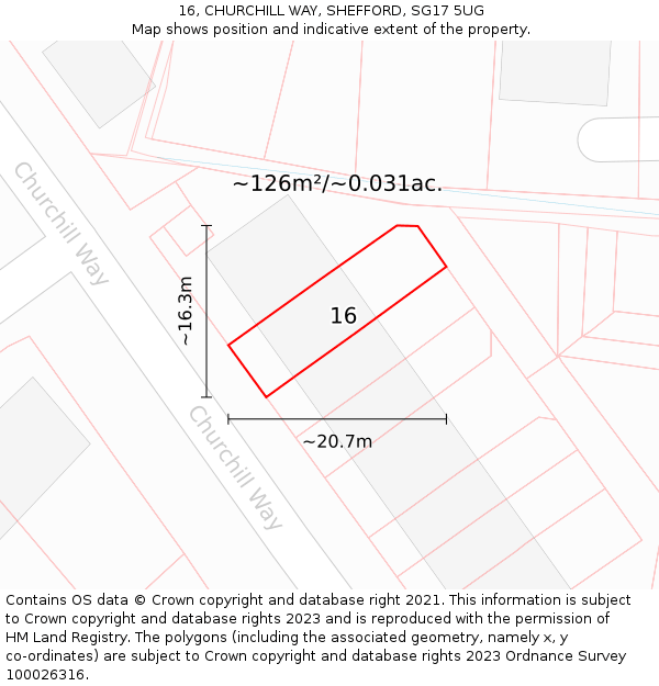 16, CHURCHILL WAY, SHEFFORD, SG17 5UG: Plot and title map
