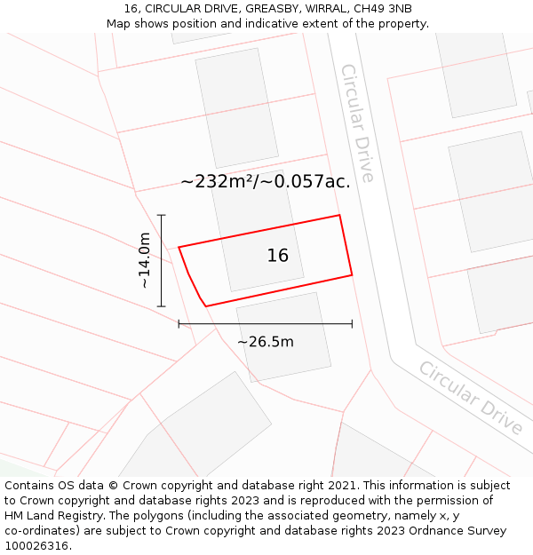 16, CIRCULAR DRIVE, GREASBY, WIRRAL, CH49 3NB: Plot and title map