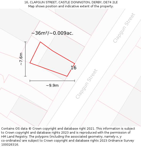 16, CLAPGUN STREET, CASTLE DONINGTON, DERBY, DE74 2LE: Plot and title map