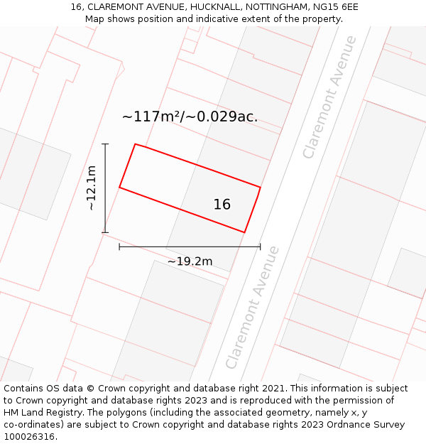 16, CLAREMONT AVENUE, HUCKNALL, NOTTINGHAM, NG15 6EE: Plot and title map