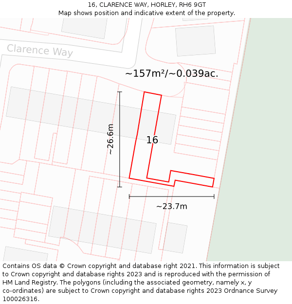 16, CLARENCE WAY, HORLEY, RH6 9GT: Plot and title map