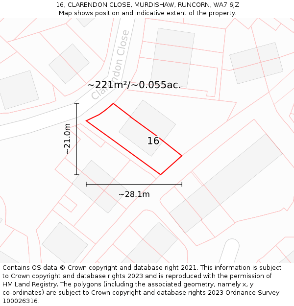 16, CLARENDON CLOSE, MURDISHAW, RUNCORN, WA7 6JZ: Plot and title map