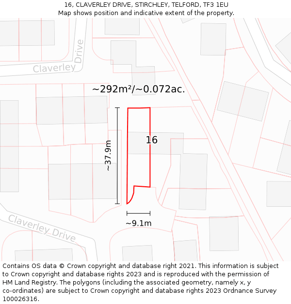16, CLAVERLEY DRIVE, STIRCHLEY, TELFORD, TF3 1EU: Plot and title map