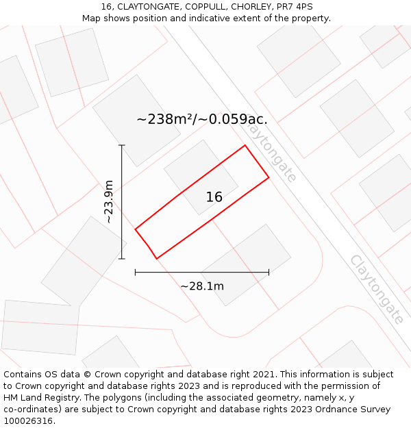 16, CLAYTONGATE, COPPULL, CHORLEY, PR7 4PS: Plot and title map