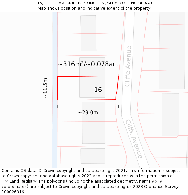 16, CLIFFE AVENUE, RUSKINGTON, SLEAFORD, NG34 9AU: Plot and title map