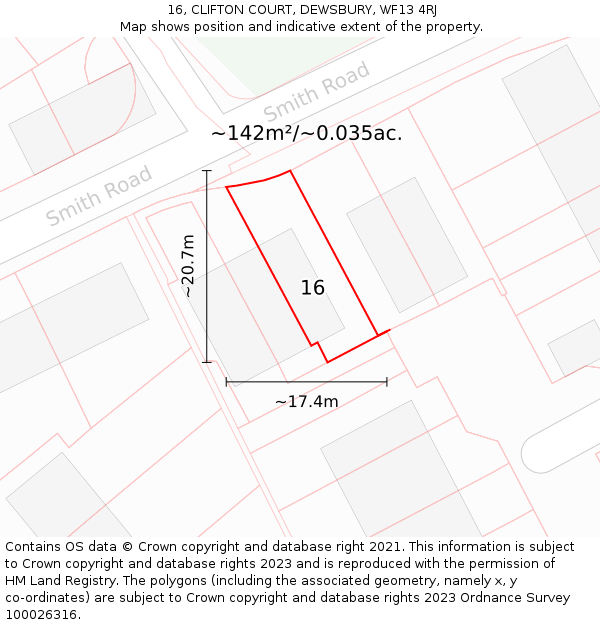 16, CLIFTON COURT, DEWSBURY, WF13 4RJ: Plot and title map