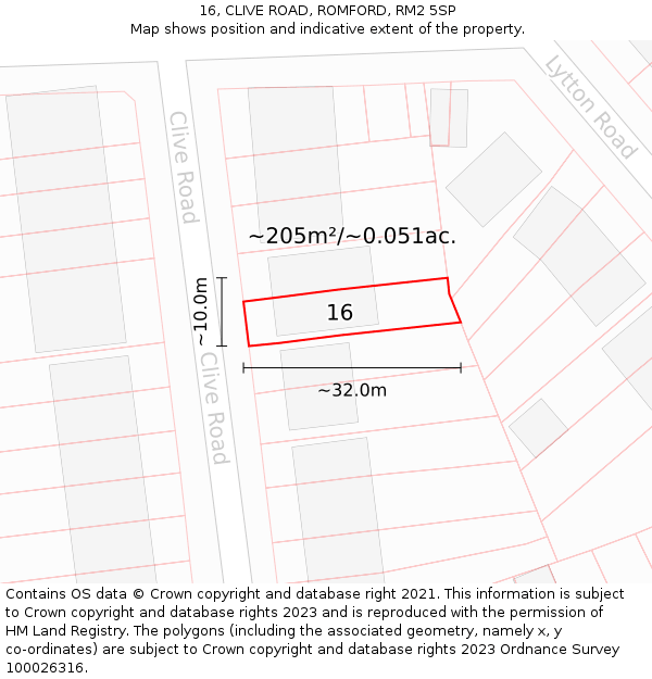 16, CLIVE ROAD, ROMFORD, RM2 5SP: Plot and title map