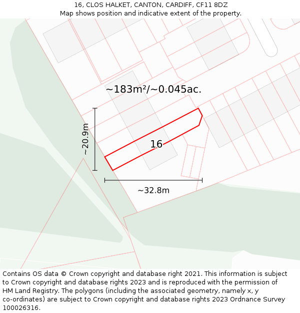 16, CLOS HALKET, CANTON, CARDIFF, CF11 8DZ: Plot and title map