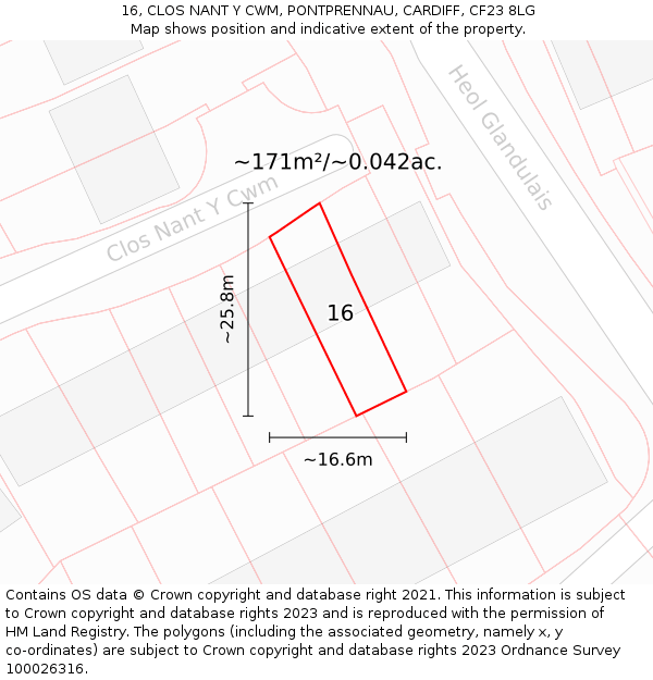 16, CLOS NANT Y CWM, PONTPRENNAU, CARDIFF, CF23 8LG: Plot and title map