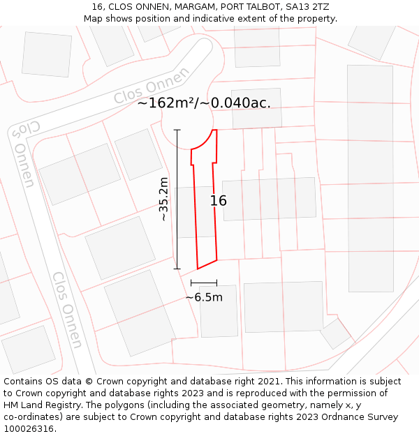 16, CLOS ONNEN, MARGAM, PORT TALBOT, SA13 2TZ: Plot and title map