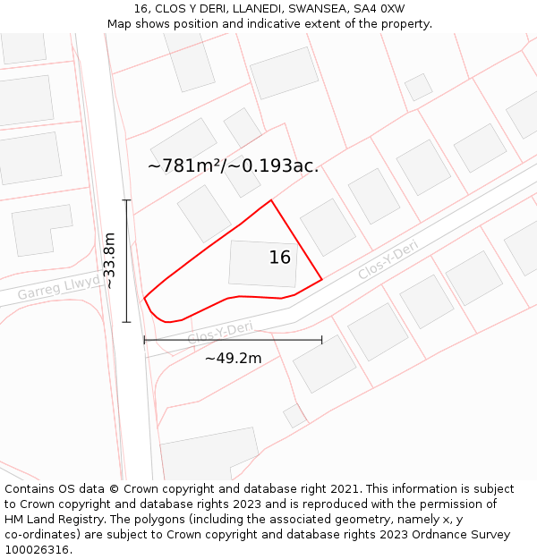 16, CLOS Y DERI, LLANEDI, SWANSEA, SA4 0XW: Plot and title map