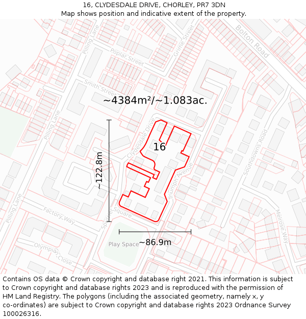 16, CLYDESDALE DRIVE, CHORLEY, PR7 3DN: Plot and title map