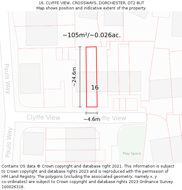16, CLYFFE VIEW, CROSSWAYS, DORCHESTER, DT2 8UT: Plot and title map