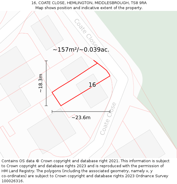16, COATE CLOSE, HEMLINGTON, MIDDLESBROUGH, TS8 9RA: Plot and title map
