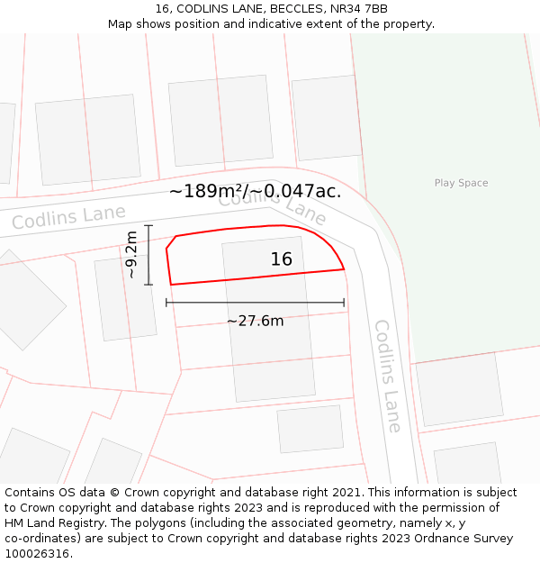 16, CODLINS LANE, BECCLES, NR34 7BB: Plot and title map