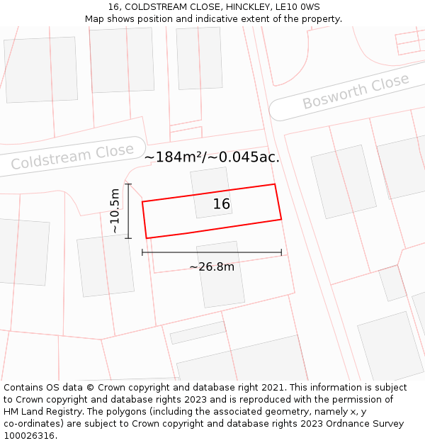 16, COLDSTREAM CLOSE, HINCKLEY, LE10 0WS: Plot and title map