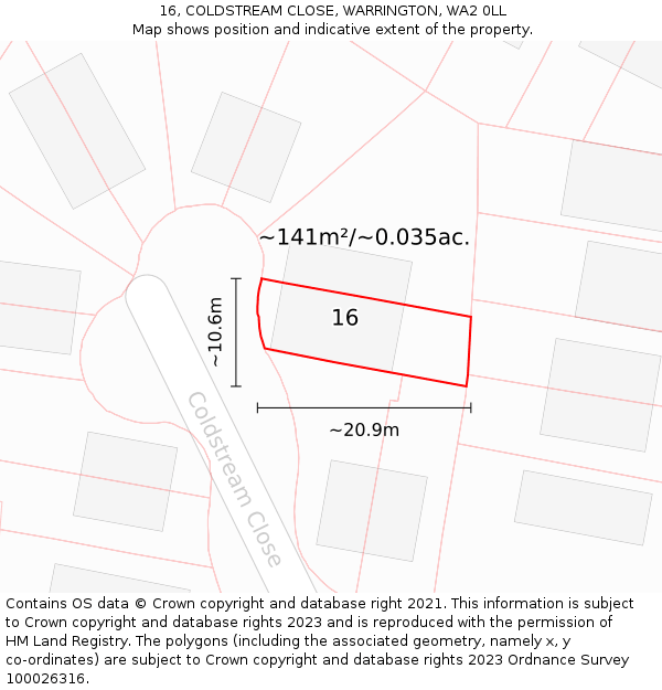16, COLDSTREAM CLOSE, WARRINGTON, WA2 0LL: Plot and title map