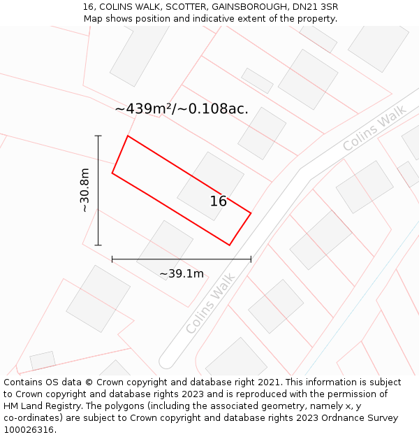 16, COLINS WALK, SCOTTER, GAINSBOROUGH, DN21 3SR: Plot and title map