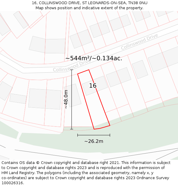 16, COLLINSWOOD DRIVE, ST LEONARDS-ON-SEA, TN38 0NU: Plot and title map