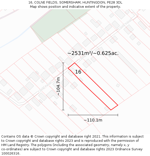 16, COLNE FIELDS, SOMERSHAM, HUNTINGDON, PE28 3DL: Plot and title map