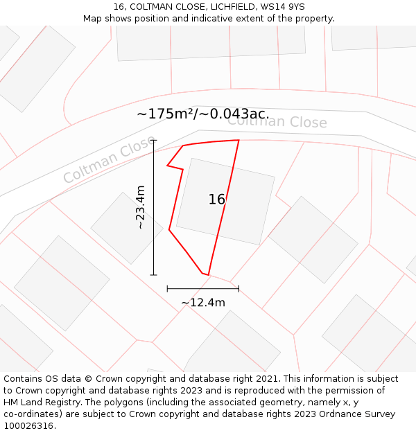 16, COLTMAN CLOSE, LICHFIELD, WS14 9YS: Plot and title map