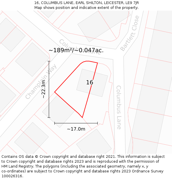 16, COLUMBUS LANE, EARL SHILTON, LEICESTER, LE9 7JR: Plot and title map