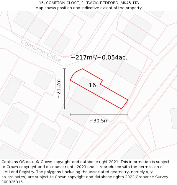 16, COMPTON CLOSE, FLITWICK, BEDFORD, MK45 1TA: Plot and title map