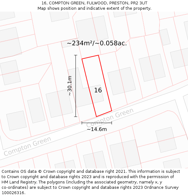 16, COMPTON GREEN, FULWOOD, PRESTON, PR2 3UT: Plot and title map