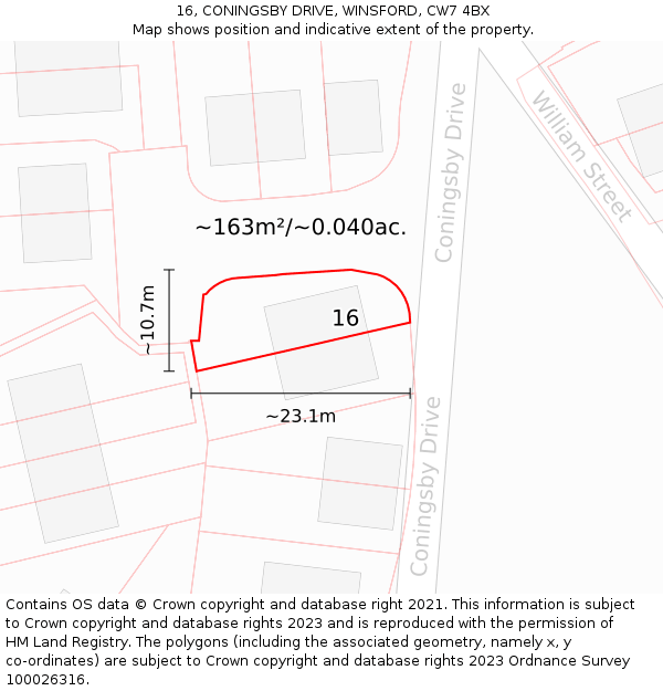 16, CONINGSBY DRIVE, WINSFORD, CW7 4BX: Plot and title map