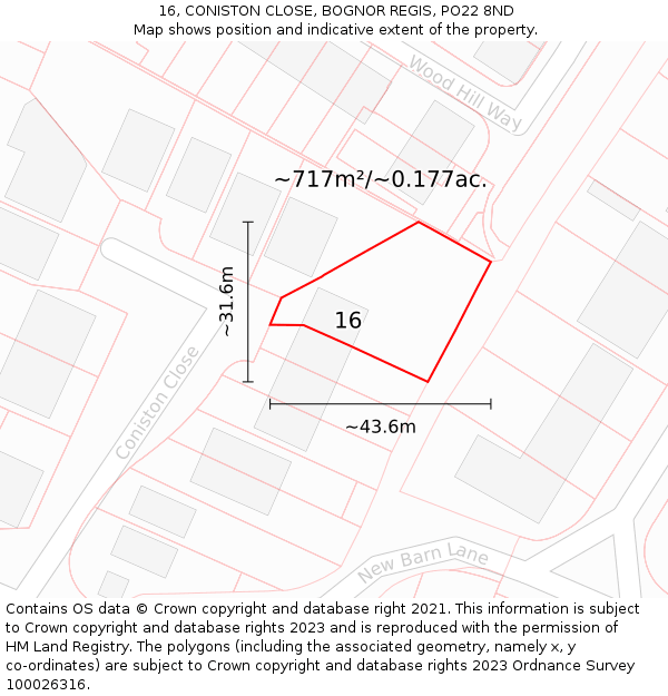 16, CONISTON CLOSE, BOGNOR REGIS, PO22 8ND: Plot and title map