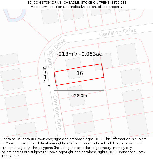 16, CONISTON DRIVE, CHEADLE, STOKE-ON-TRENT, ST10 1TB: Plot and title map