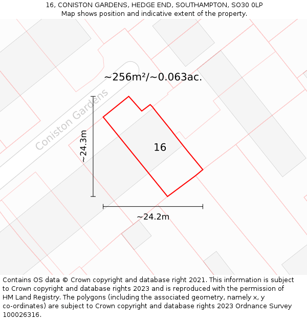 16, CONISTON GARDENS, HEDGE END, SOUTHAMPTON, SO30 0LP: Plot and title map