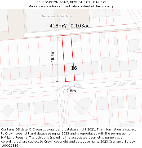 16, CONISTON ROAD, BEXLEYHEATH, DA7 6PY: Plot and title map