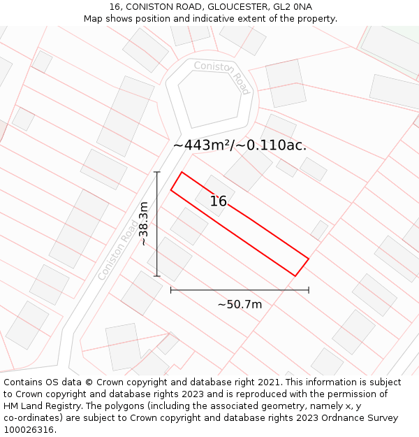 16, CONISTON ROAD, GLOUCESTER, GL2 0NA: Plot and title map