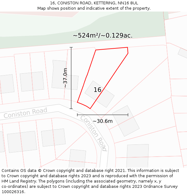 16, CONISTON ROAD, KETTERING, NN16 8UL: Plot and title map