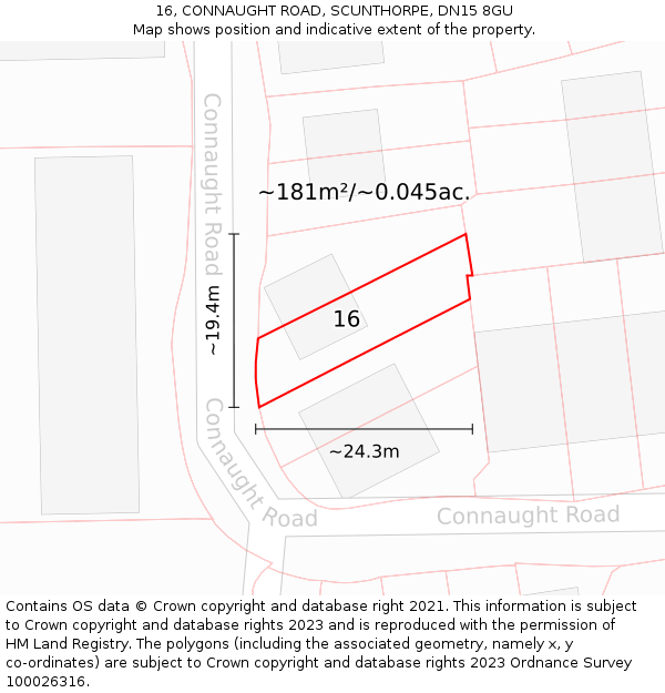 16, CONNAUGHT ROAD, SCUNTHORPE, DN15 8GU: Plot and title map