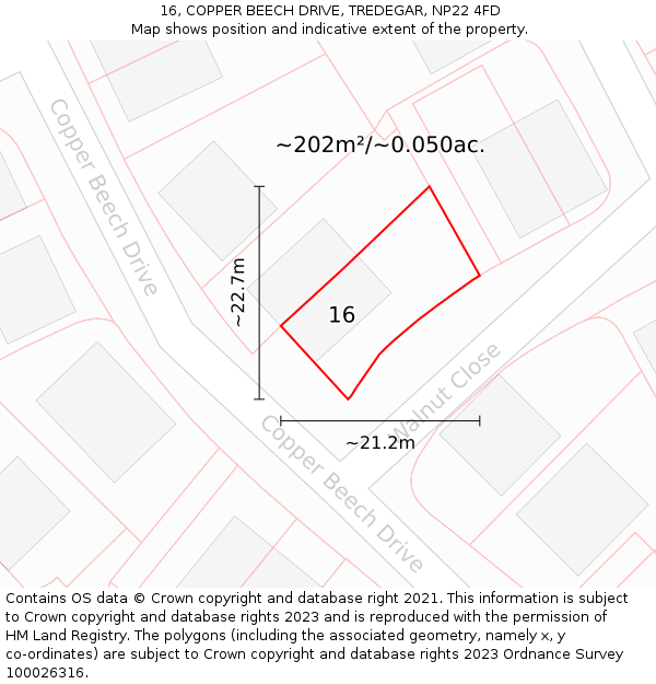 16, COPPER BEECH DRIVE, TREDEGAR, NP22 4FD: Plot and title map