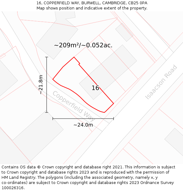 16, COPPERFIELD WAY, BURWELL, CAMBRIDGE, CB25 0PA: Plot and title map