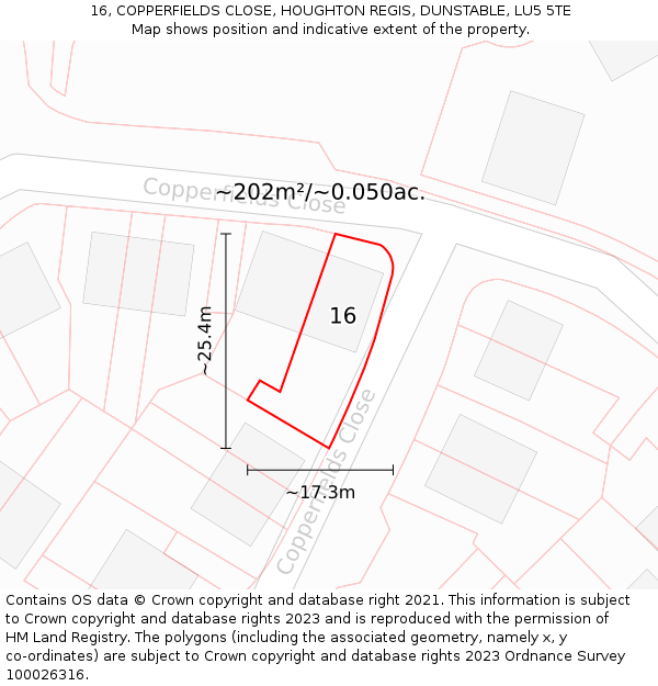 16, COPPERFIELDS CLOSE, HOUGHTON REGIS, DUNSTABLE, LU5 5TE: Plot and title map