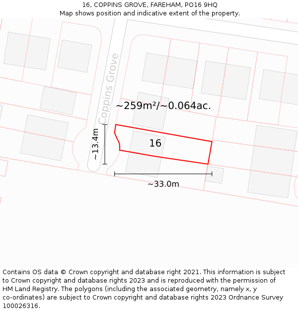 16, COPPINS GROVE, FAREHAM, PO16 9HQ: Plot and title map